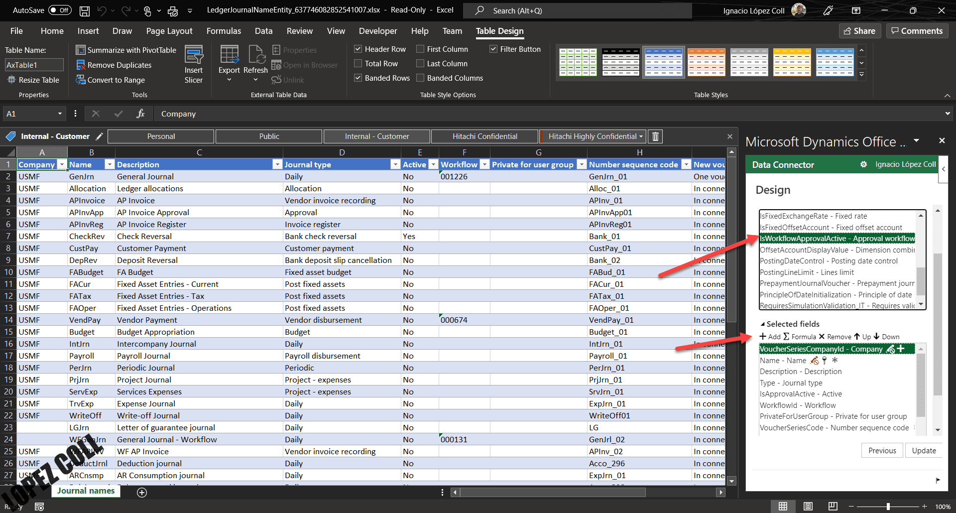 Design Field of the Excel Add-In for Dynamics 365 Finance