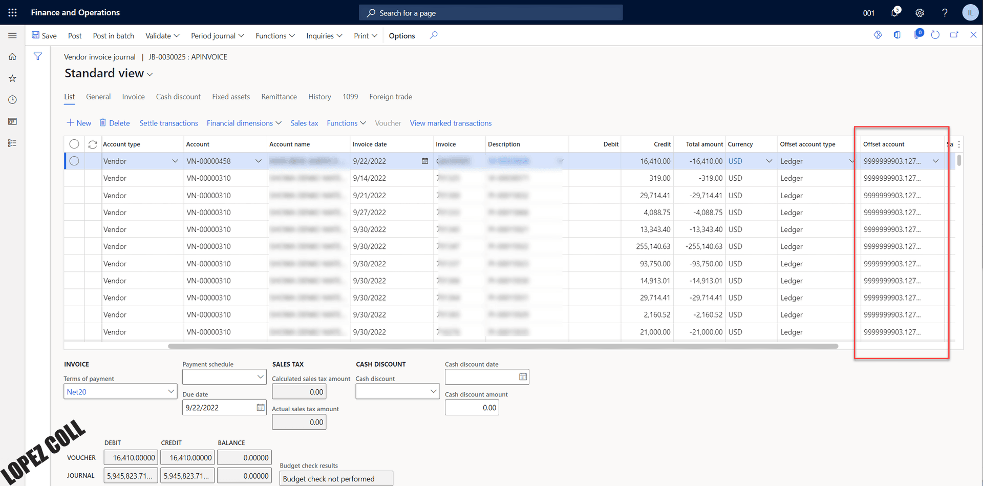 AP Open Invoice Journal with 9* as offset account