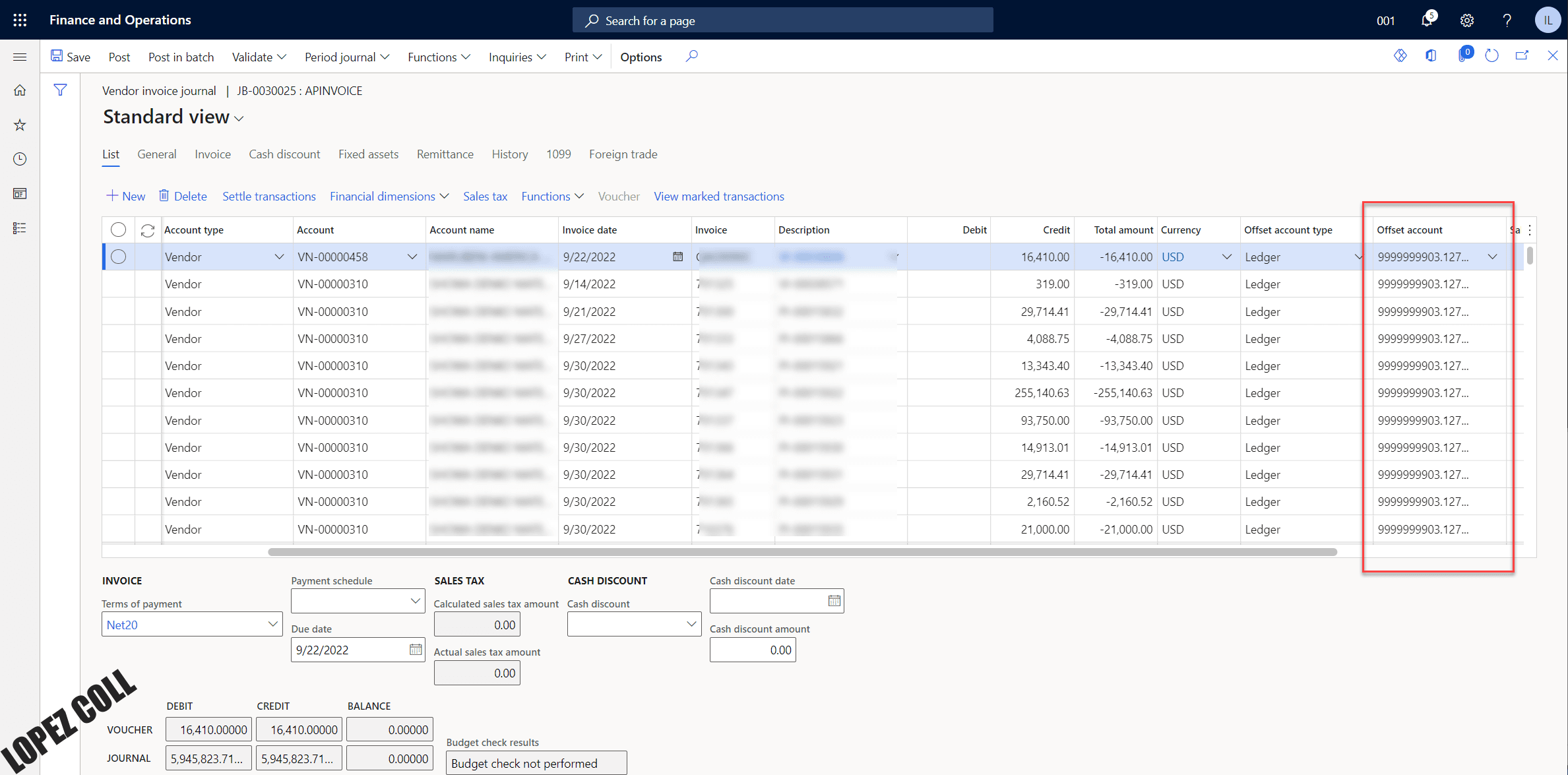 AP Open Invoice Journal with 9* as offset account